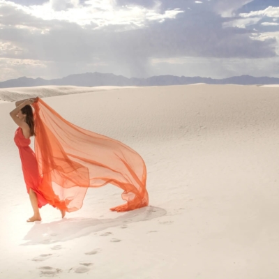 Desert fashion photography orang dress white sands new mexico